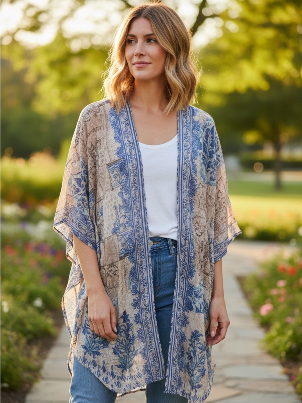 Tolani Feathers Blue Cream Boho Floral Kimono Duster One Size